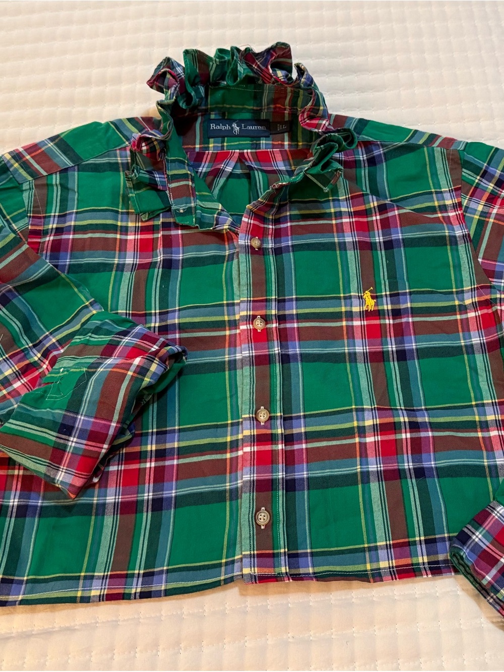 Upcycled Polo Ralph Lauren Green Plaid Button-Up Cropped Shirt - Picture 6 of 7